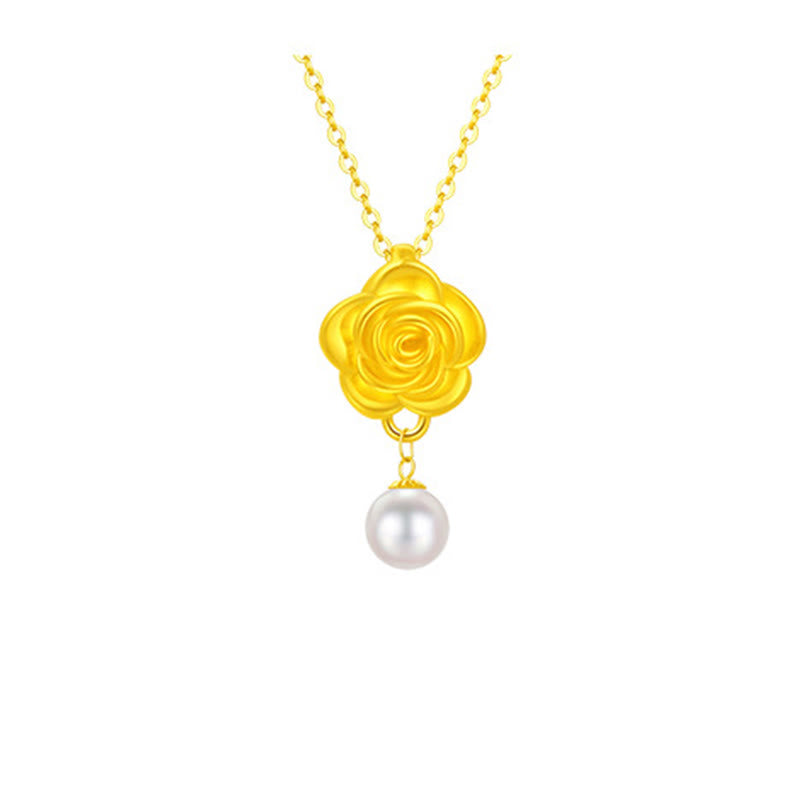 999 Sterling Silver Plated Gold Camellia Pearl Healing Necklace Pendant