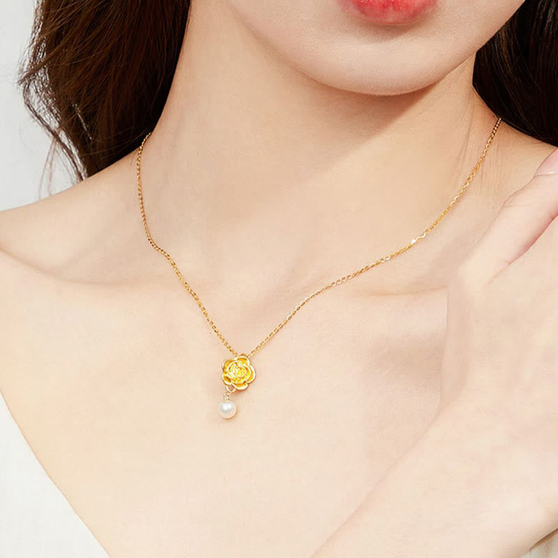 999 Sterling Silver Plated Gold Camellia Pearl Healing Necklace Pendant