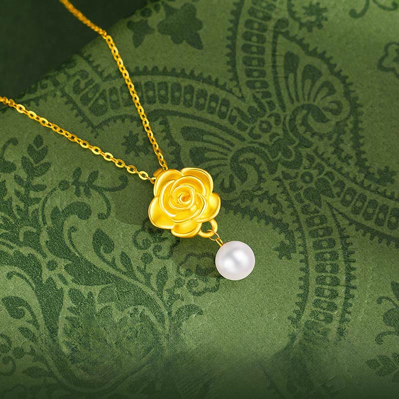 999 Sterling Silver Plated Gold Camellia Pearl Healing Necklace Pendant