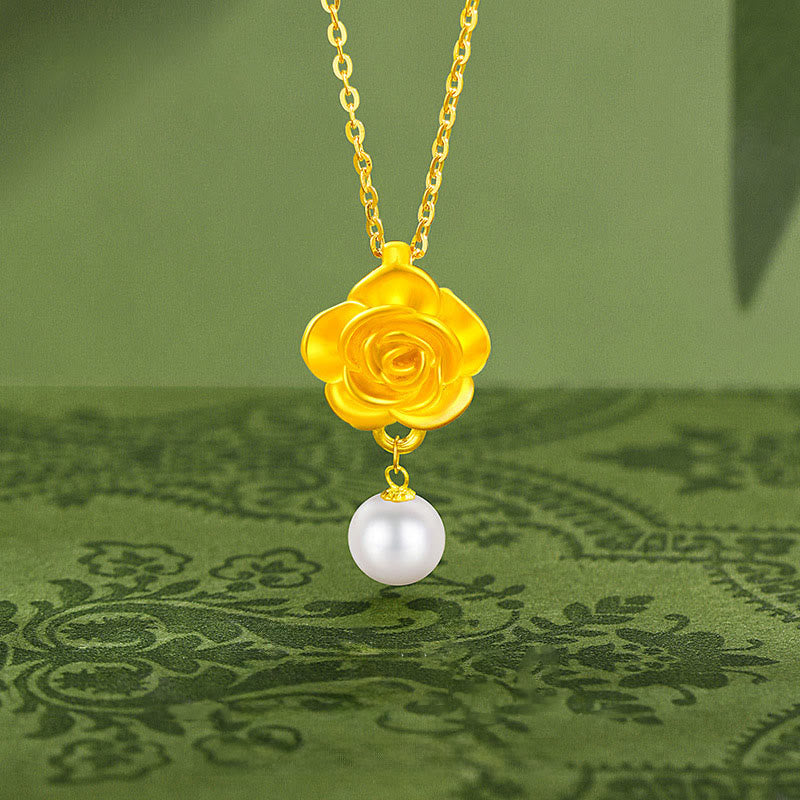 999 Sterling Silver Plated Gold Camellia Pearl Healing Necklace Pendant