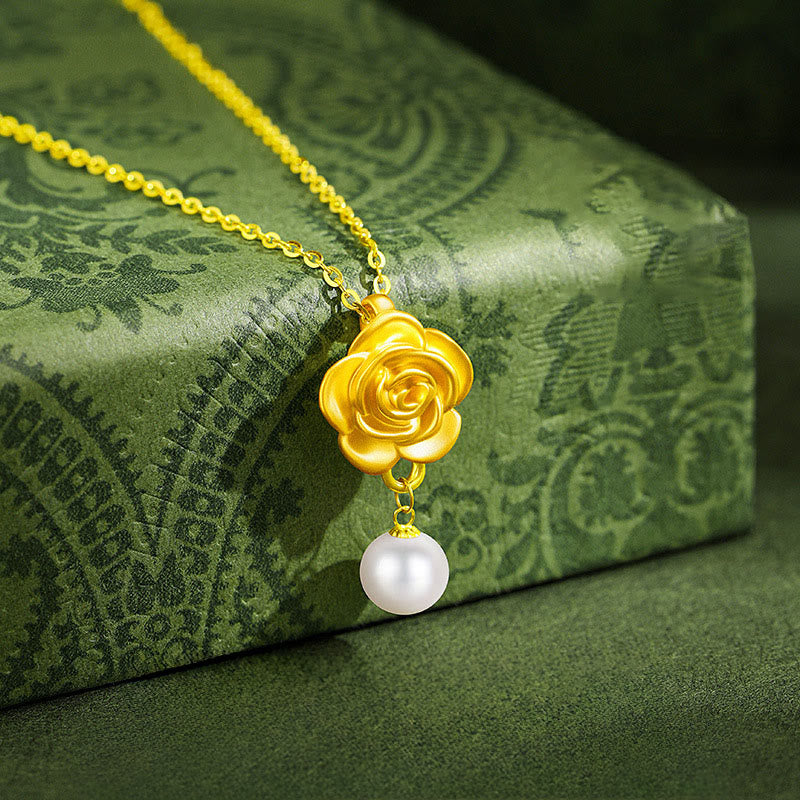 999 Sterling Silver Plated Gold Camellia Pearl Healing Necklace Pendant