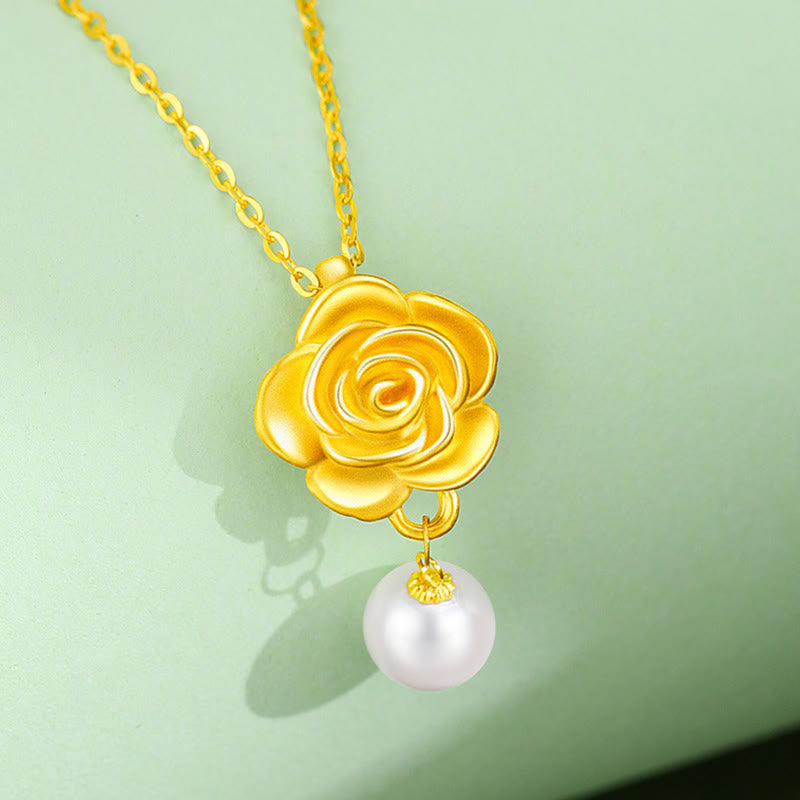 999 Sterling Silver Plated Gold Camellia Pearl Healing Necklace Pendant