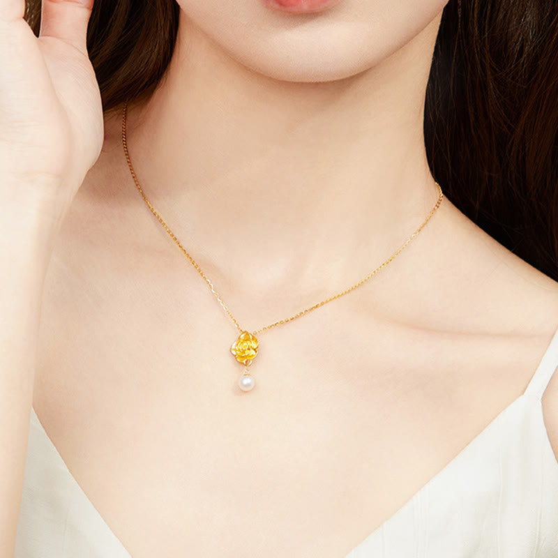 999 Sterling Silver Plated Gold Camellia Pearl Healing Necklace Pendant