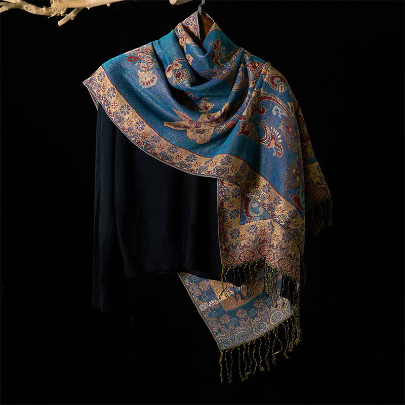Geometric Pattern Tibetan Shawl with Tassel Detail for Mindful Living