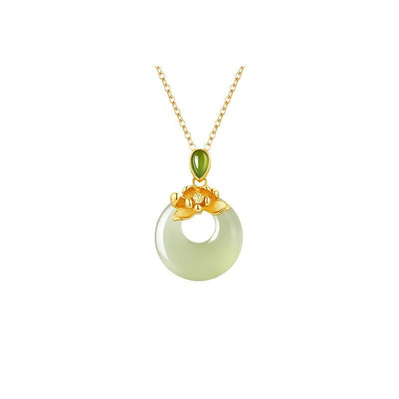 925 Sterling Silver Plated Gold Hetian Jade Lotus Luck Necklace Pendant