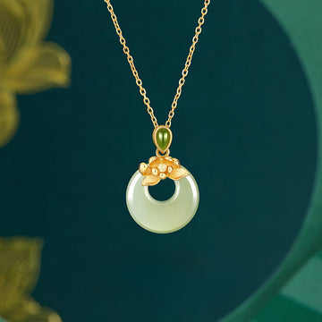 925 Sterling Silver Plated Gold Hetian Jade Lotus Luck Necklace Pendant