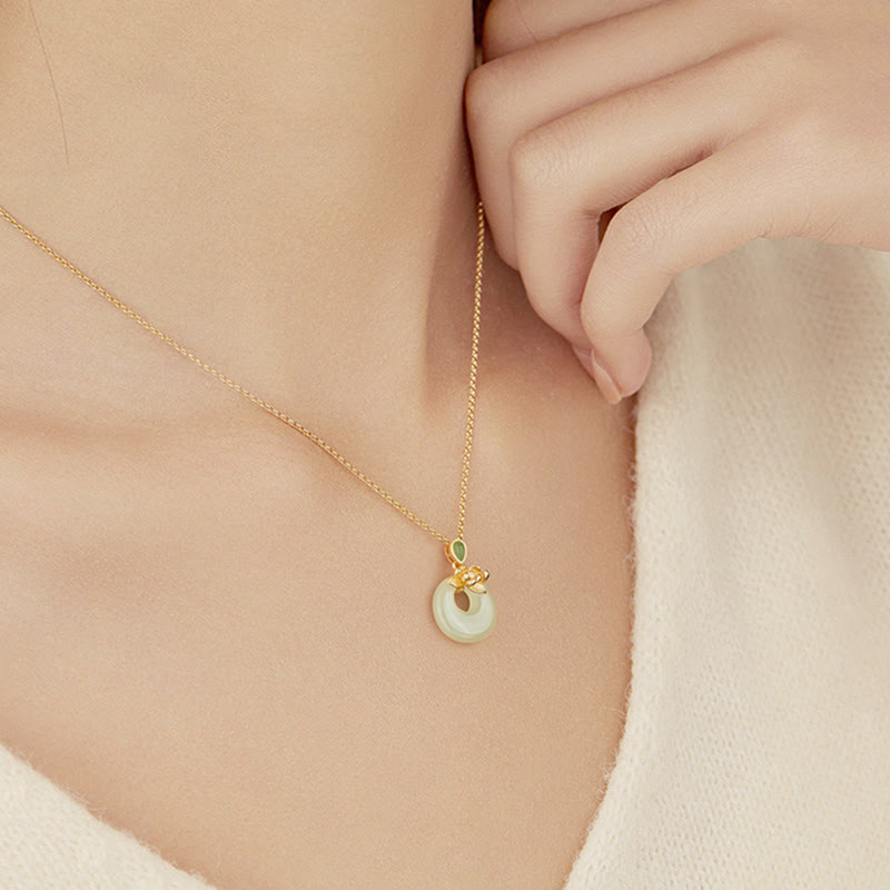 925 Sterling Silver Plated Gold Hetian Jade Lotus Luck Necklace Pendant