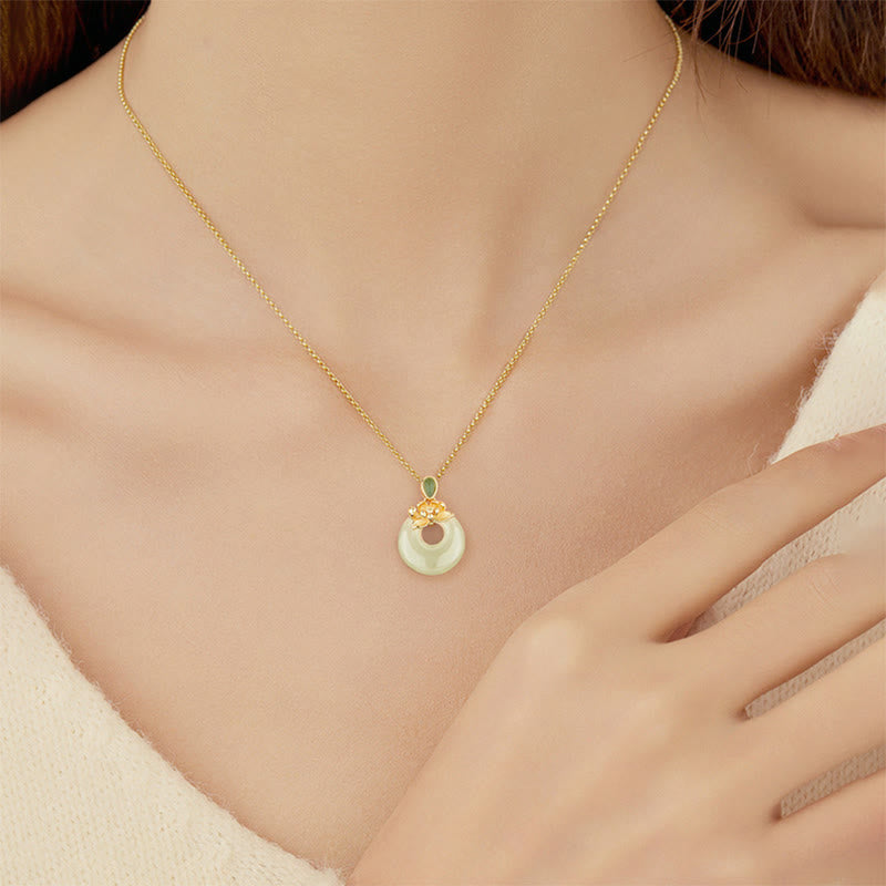 925 Sterling Silver Plated Gold Hetian Jade Lotus Luck Necklace Pendant