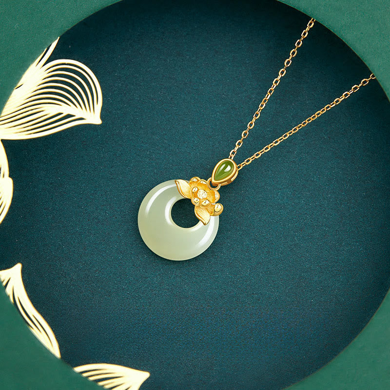 925 Sterling Silver Plated Gold Hetian Jade Lotus Luck Necklace Pendant