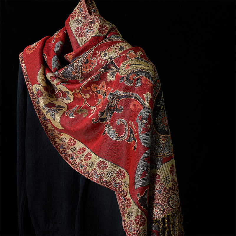 Geometric Pattern Tibetan Shawl with Tassel Detail for Mindful Living