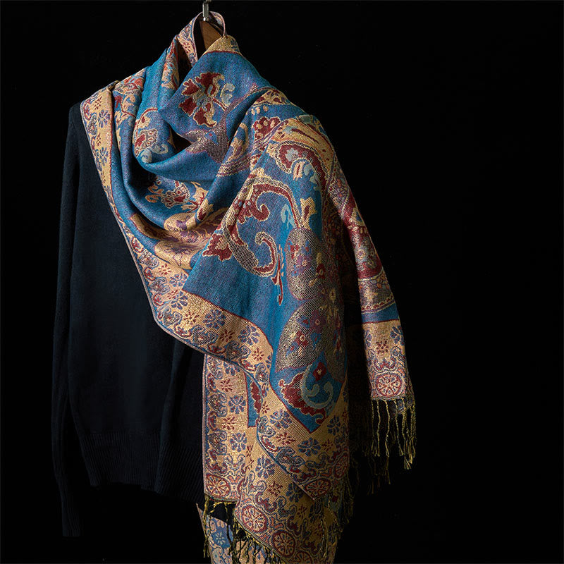 Geometric Pattern Tibetan Shawl with Tassel Detail for Mindful Living