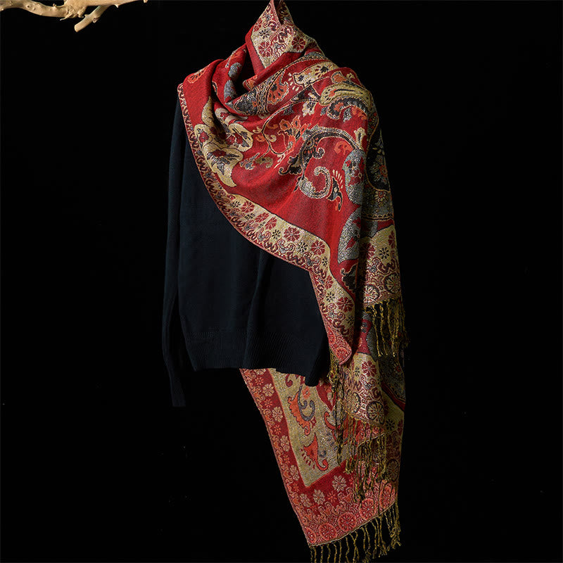 Geometric Pattern Tibetan Shawl with Tassel Detail for Mindful Living