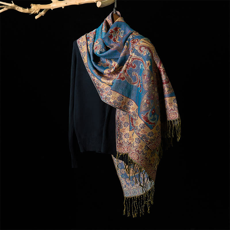 Geometric Pattern Tibetan Shawl with Tassel Detail for Mindful Living
