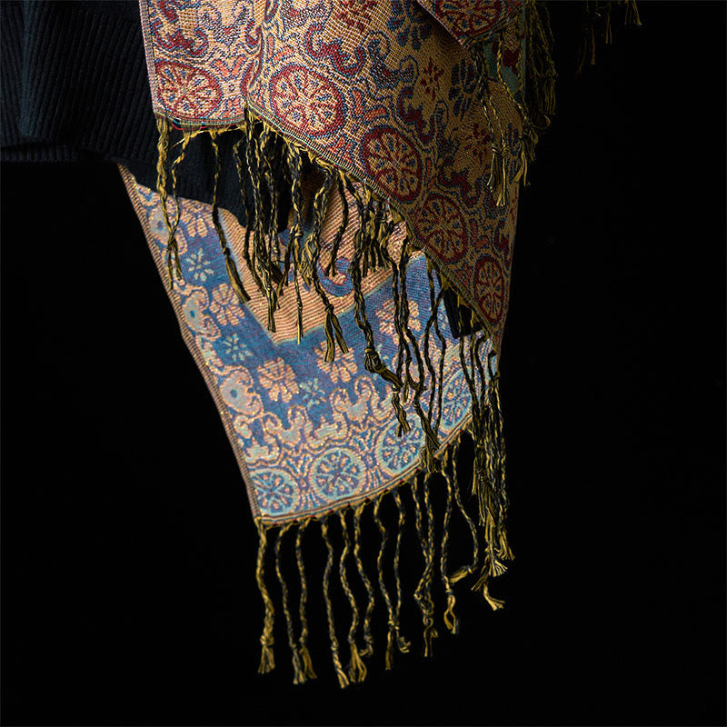 Geometric Pattern Tibetan Shawl with Tassel Detail for Mindful Living