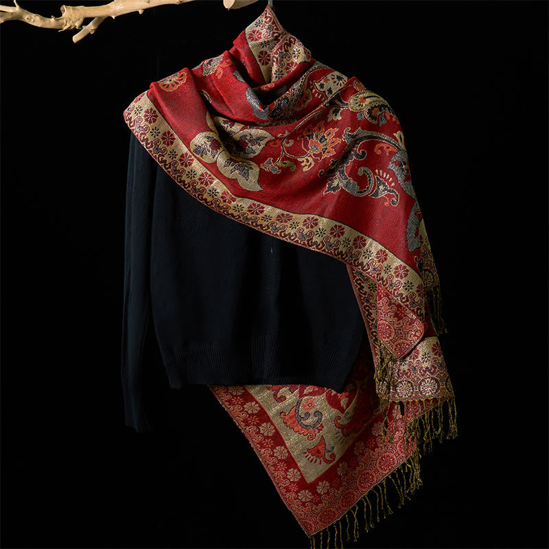 Geometric Pattern Tibetan Shawl with Tassel Detail for Mindful Living