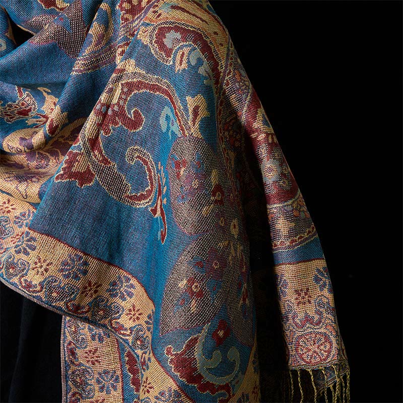 Geometric Pattern Tibetan Shawl with Tassel Detail for Mindful Living