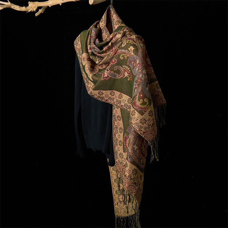 Geometric Pattern Tibetan Tassel Shawl for Mindful Layering