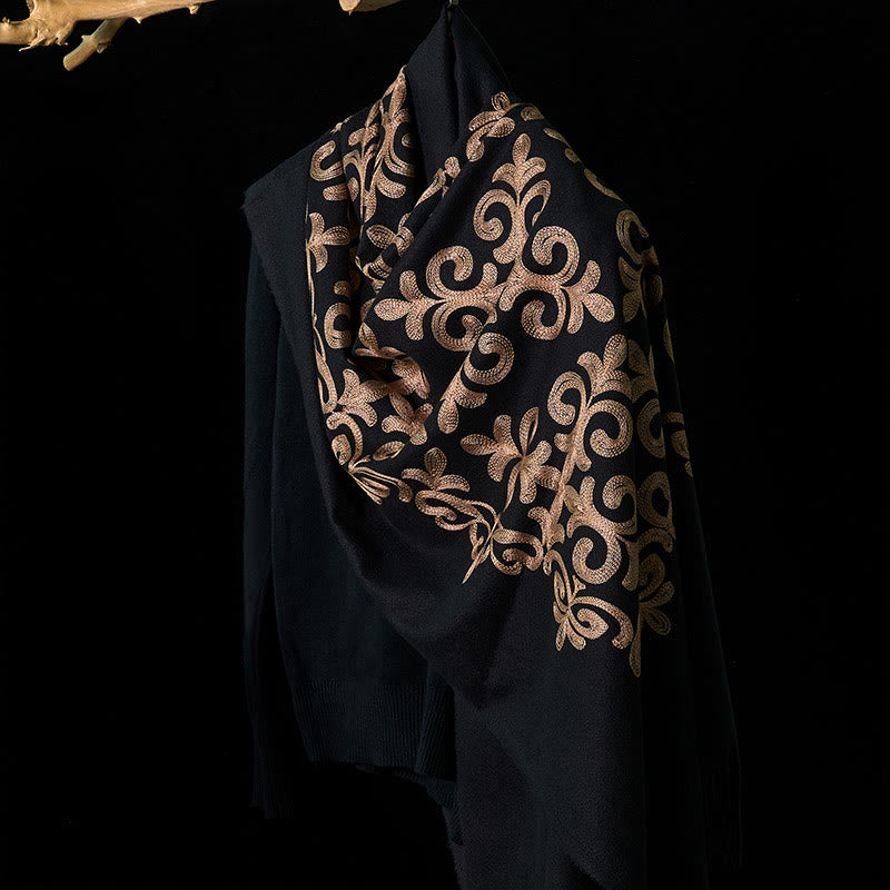 Winter Black Diamond-shaped Golden Flowers Pattern Tassel Cozy Scarf Shawl