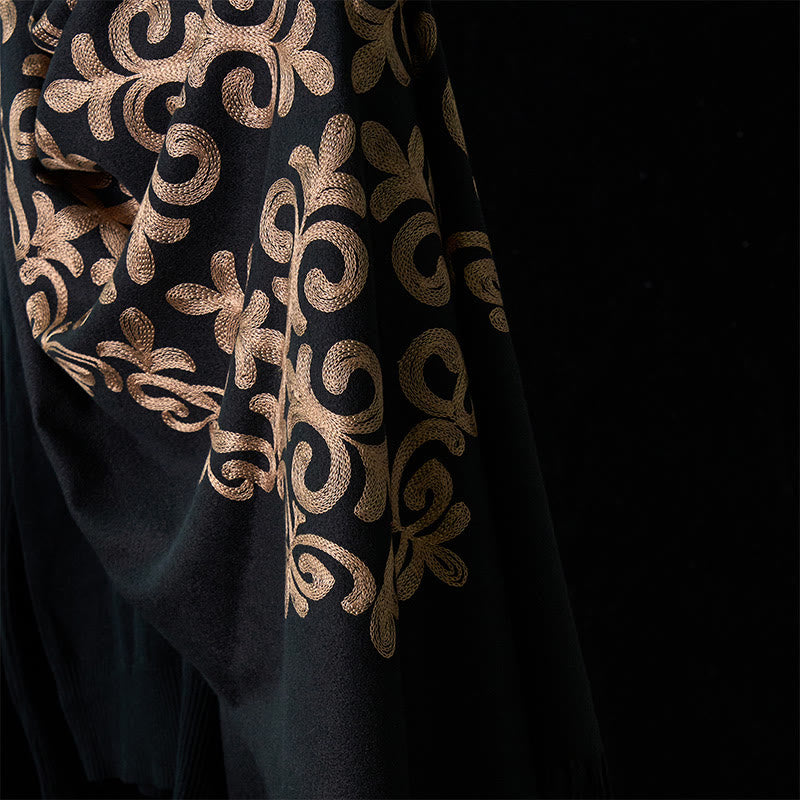 Winter Black Diamond-shaped Golden Flowers Pattern Tassel Cozy Scarf Shawl