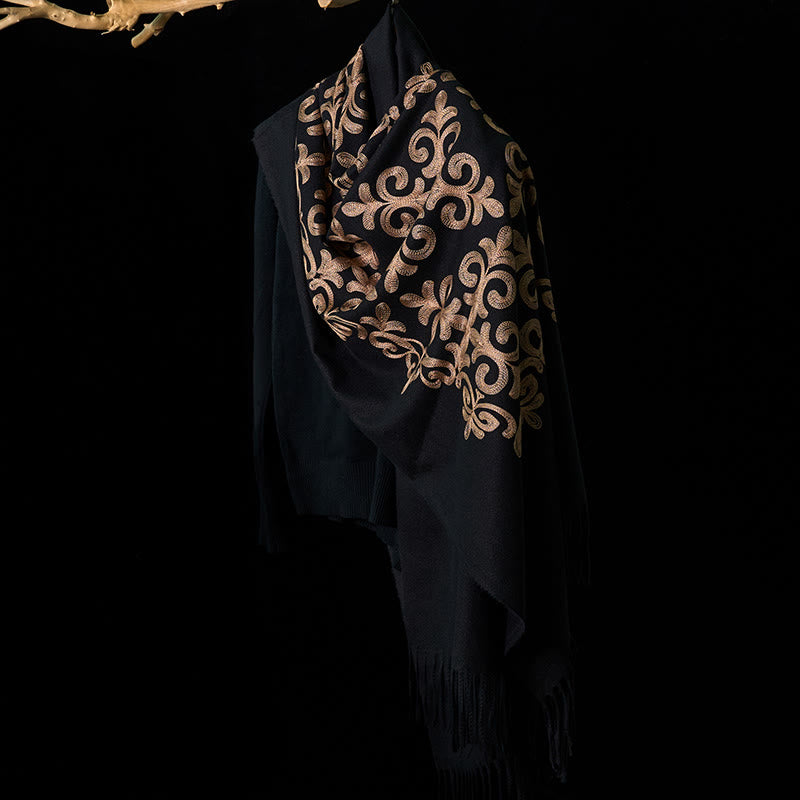 Winter Black Diamond-shaped Golden Flowers Pattern Tassel Cozy Scarf Shawl