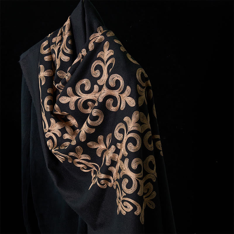 Winter Black Diamond-shaped Golden Flowers Pattern Tassel Cozy Scarf Shawl