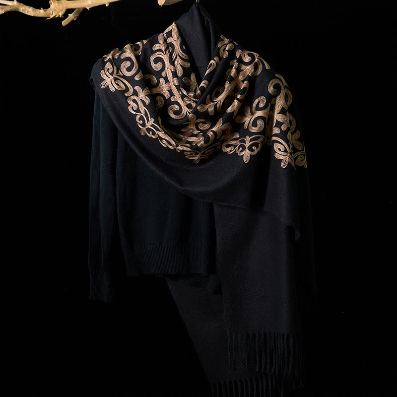 Winter Black Diamond-shaped Golden Flowers Pattern Tassel Cozy Scarf Shawl