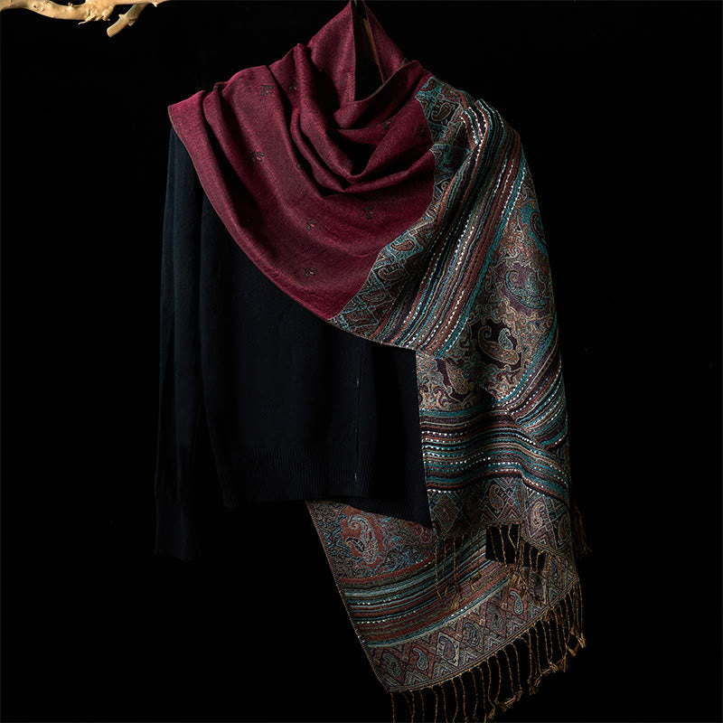 Spring Cashew Flower Stripe Geometric Pattern Tassel Soft Scarf Shawl