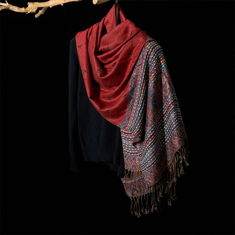 Spring Cashew Flower Stripe Geometric Pattern Tassel Soft Scarf Shawl