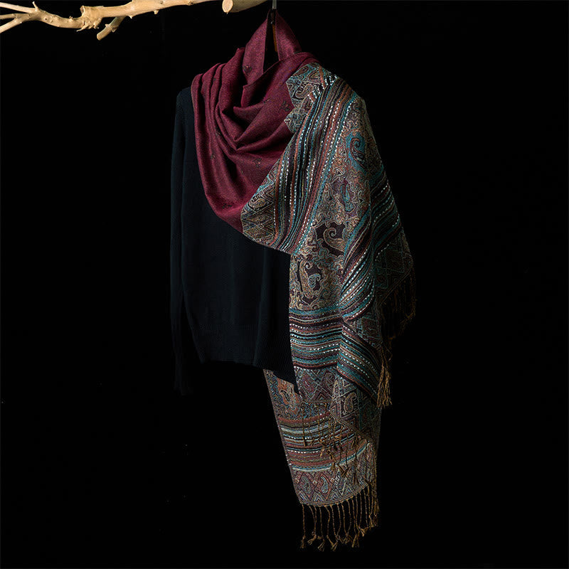 Spring Cashew Flower Stripe Geometric Pattern Tassel Soft Scarf Shawl