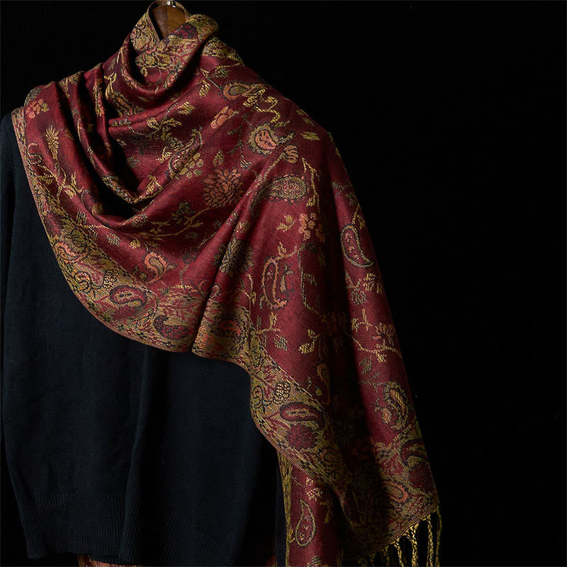 Tactile Knit Botanical Motif Meditation Wrap Tibetan Shawl