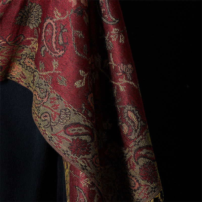 Tactile Knit Botanical Motif Meditation Wrap Tibetan Shawl