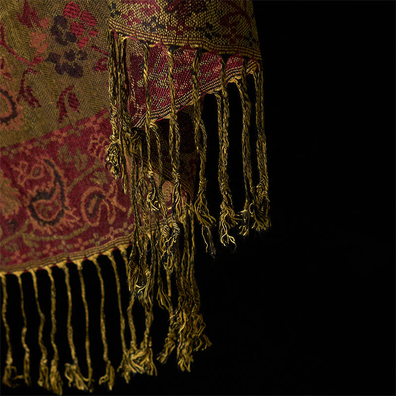 Tactile Knit Botanical Motif Meditation Wrap Tibetan Shawl
