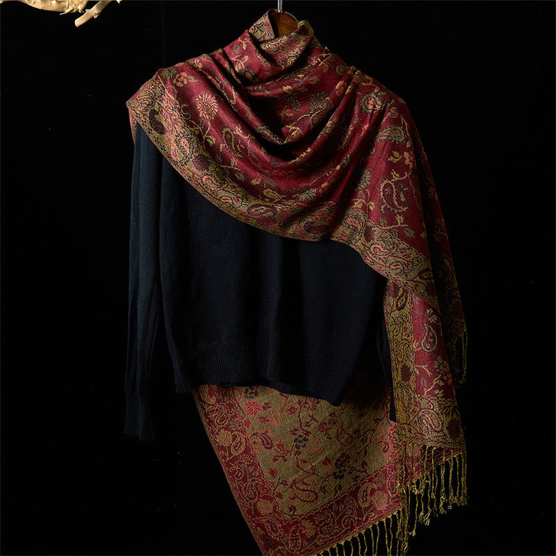 Tactile Knit Botanical Motif Meditation Wrap Tibetan Shawl