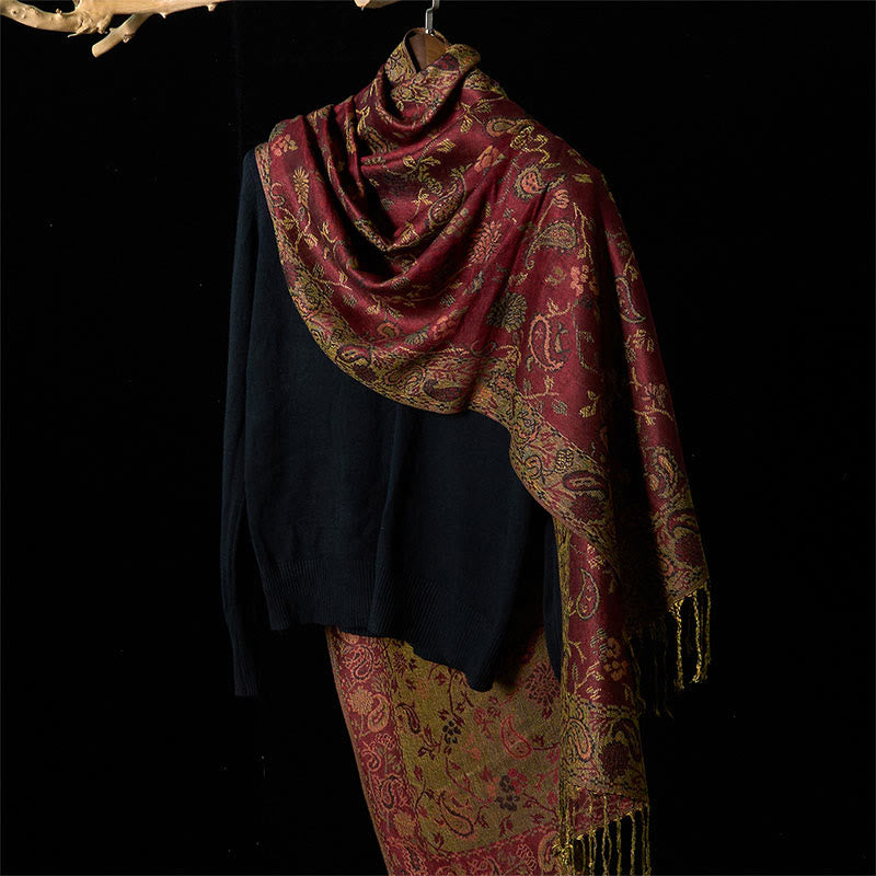 Tactile Knit Botanical Motif Meditation Wrap Tibetan Shawl