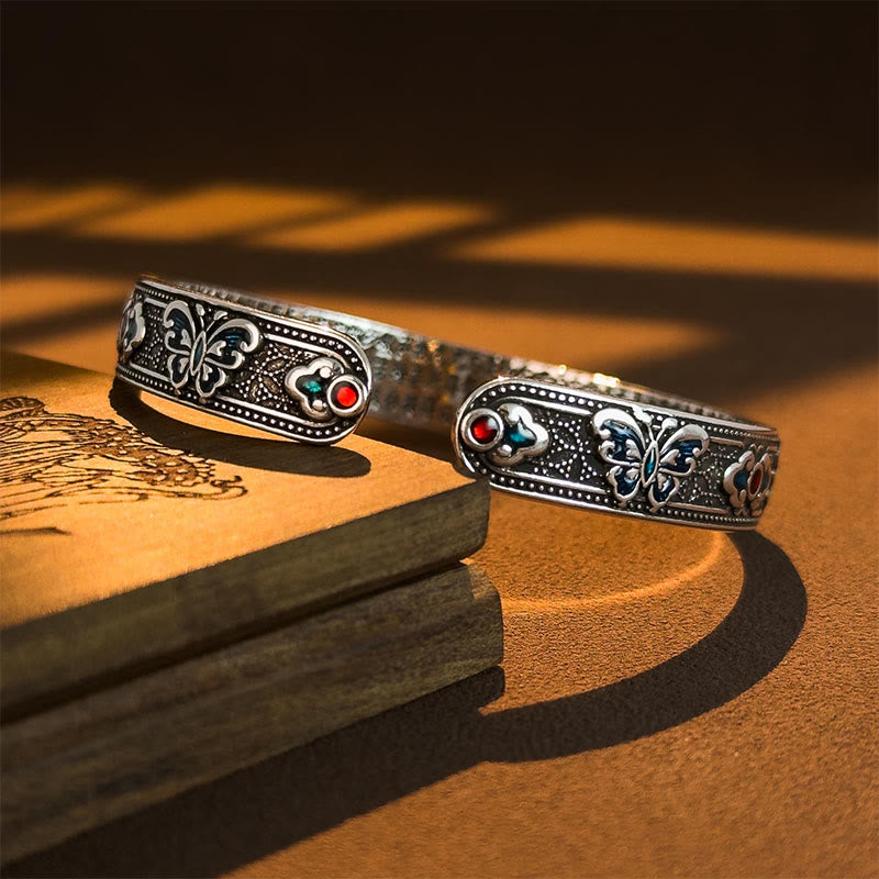 Heart Sutra Butterfly Copper Enamel Healing Open Adjustable Bracelet Bangle