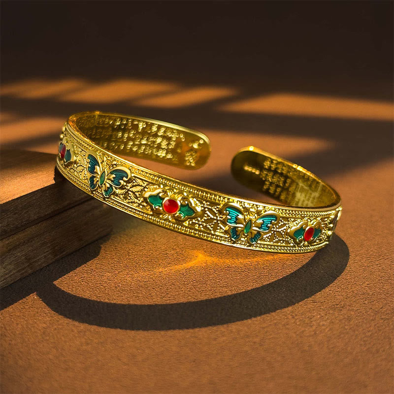 Heart Sutra Butterfly Copper Enamel Healing Open Adjustable Bracelet Bangle