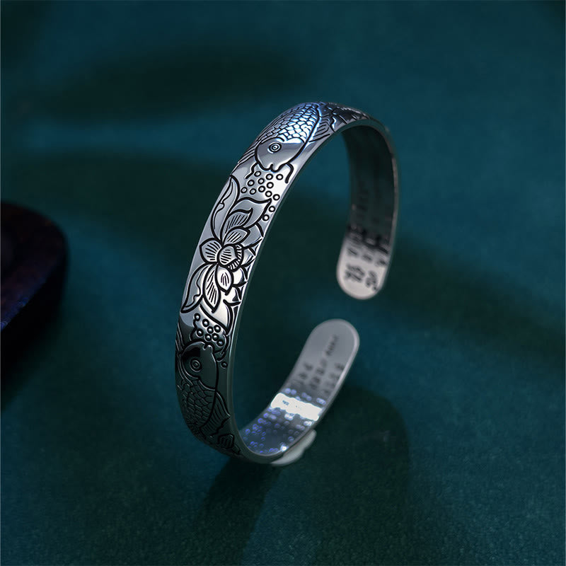 Open Adjustable Copper Heart Sutra Koi Fish Lotus Bangle Bracelet
