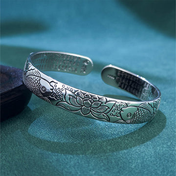 Open Adjustable Copper Heart Sutra Koi Fish Lotus Bangle Bracelet