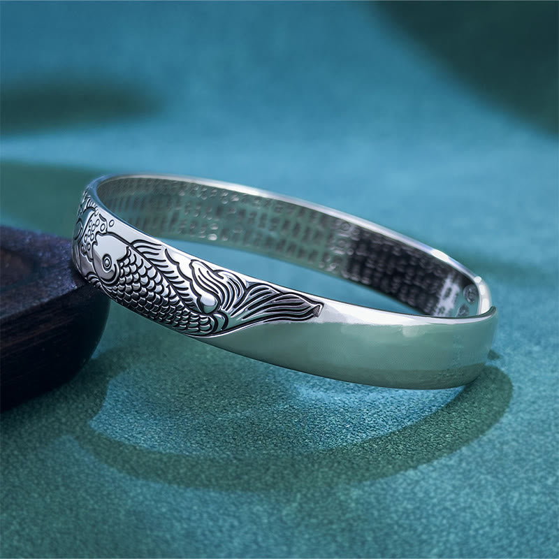 Open Adjustable Copper Heart Sutra Koi Fish Lotus Bangle Bracelet