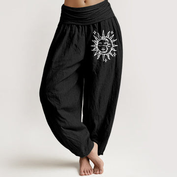 Sun Moon Print Cotton Harem Pants with Adaptive Modal Waistband