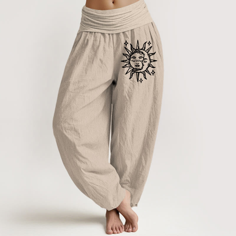Sun Moon Print Cotton Harem Pants with Adaptive Modal Waistband