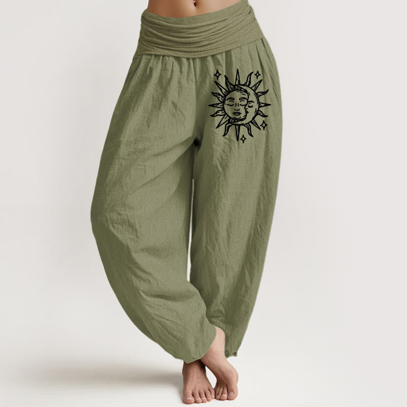 Sun Moon Print Cotton Harem Pants with Adaptive Modal Waistband