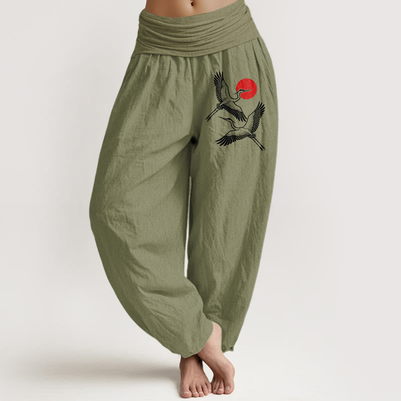 Breathable Cotton Crane Print Mindful Harem Pants