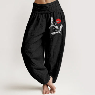 Breathable Cotton Crane Print Mindful Harem Pants