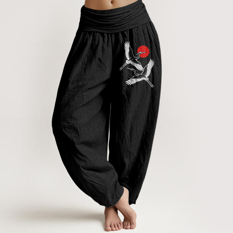Breathable Cotton Crane Print Mindful Harem Pants