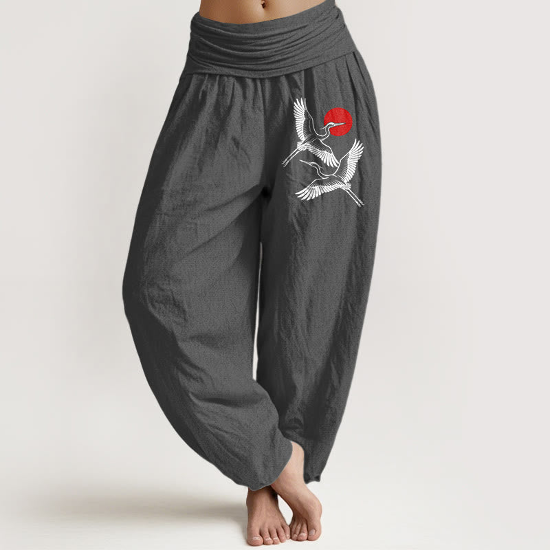 Breathable Cotton Crane Print Mindful Harem Pants