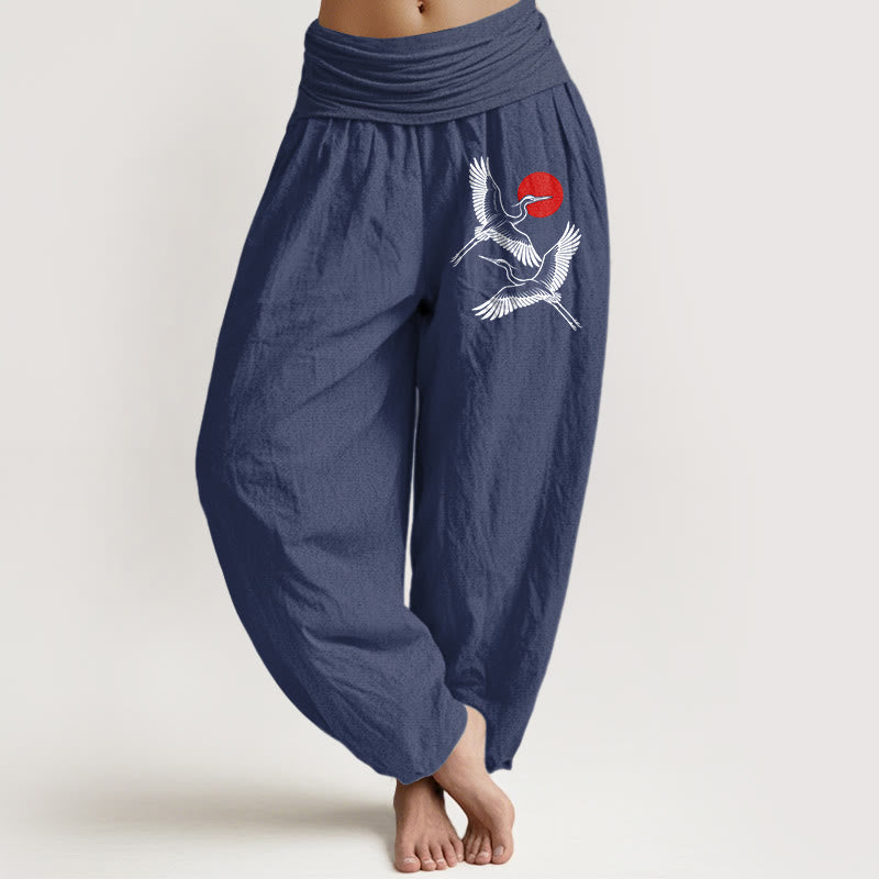 Breathable Cotton Crane Print Mindful Harem Pants