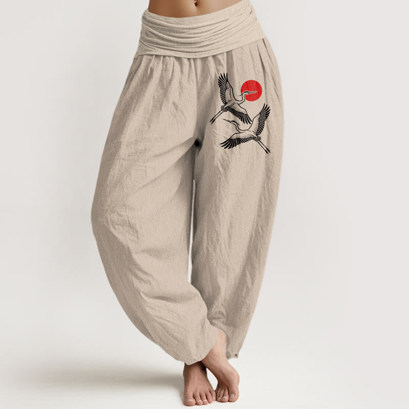Breathable Cotton Crane Print Mindful Harem Pants