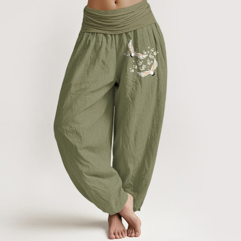 Breathable Cotton Crane Print Mindful Harem Pants