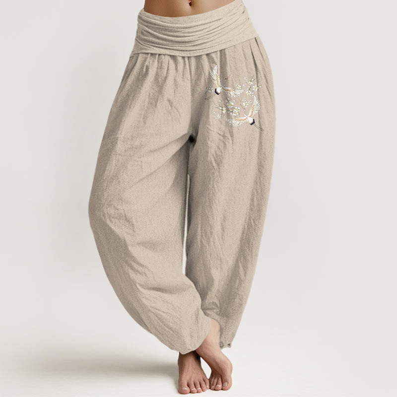 Breathable Cotton Crane Print Mindful Harem Pants